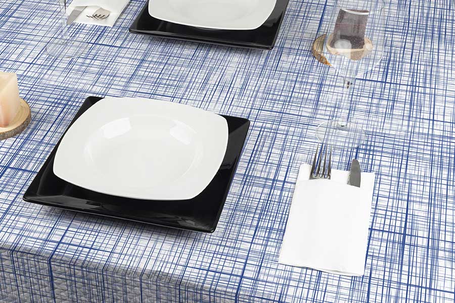 Mantel Papel 120x120cm Blanco Deco. Urban Azul, 300uds (Retractilado con código EAN)