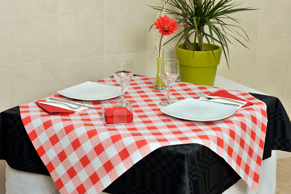 Mantel Papel 100x100cm Blanco Deco. Cuadros Rojo, 400uds (Retractilado y codificado)