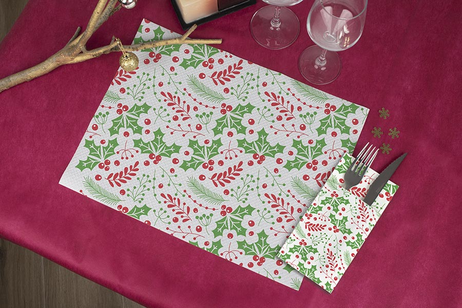 Kanguro Punta Punta 40x40cm Blanco Deco. Muérdago (Tinta Roja y Verde), 480uds